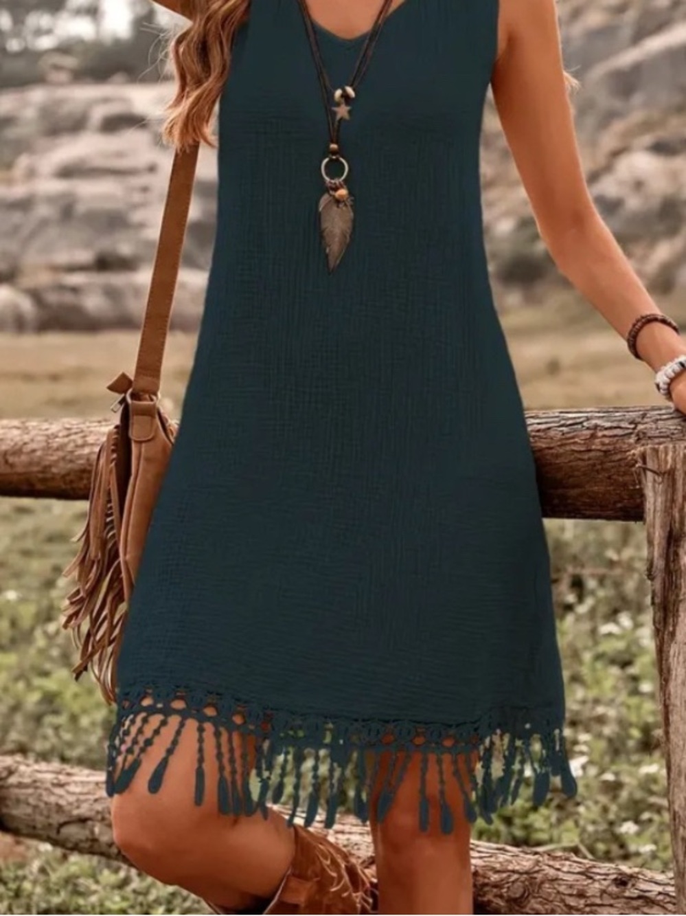 BOHO Crochet Hem Sleeveless Tank Dress Hunter Green - Picture 2 of 7